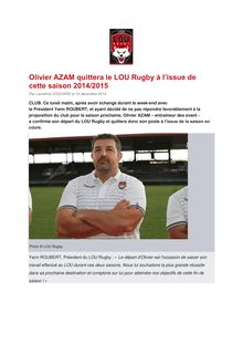 LOU Rugby - Olivier AZAM quittera le club à l’issue de cette saison 2014/2015