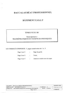 Corrige BACPRO BAT GESTION Mathematiques et sciences physiques 2003