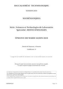 Sujet du Bac Techno Mathématiques 2019 - Série STL bio
