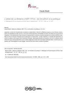 L abbé de La Blèterie (1697-1772) : de l érudition à la politique - article ; n°1 ; vol.107, pg 121-143