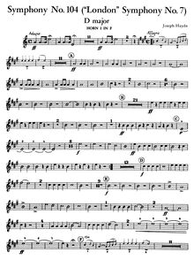 Partition cor 1 en F (transposed), cor 1 en D,G (original), Symphony No. 104