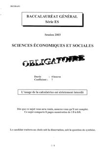 Baccalaureat 2003 sciences economiques et sociales (ses) sciences economiques et sociales amerique du nord