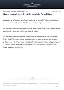 Communiqué de presse de l Elysée: Fin des fonctions de Jérôme Cahuzac