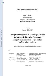 Analytical properties of viscosity solutions for integro-differential equations : image visualization and restoration by curvature motions, Propriétés analytiques des solutions de viscosité des équations integro-différentielles : visualisation et restauration d images par mouvements de courbure