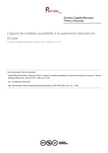 L apport de modèles quantitatifs à la supervision bancaire en Europe - article ; n°1 ; vol.19, pg 77-120