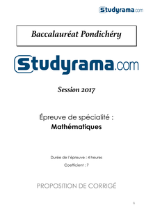 Corrigé Bac S 2017 Pondichéry - Mathématiques spécialité