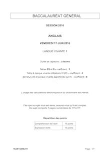 Baccalauréat LV1 Anglais 2016 séries générales (S - ES - L) 