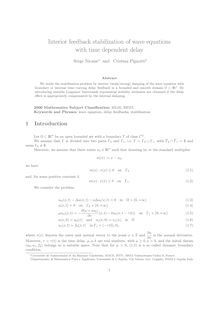 Interior feedback stabilization of wave equations with time dependent delay