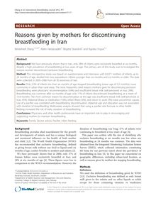 Reasons given by mothers for discontinuing breastfeeding in Iran