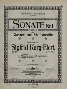 Partition couverture couleur, violoncelle Sonata No.1, Op.71, A Major