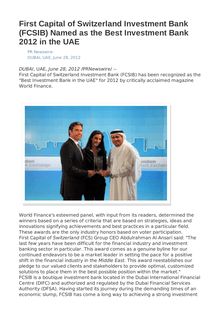 First Capital of Switzerland Investment Bank (FCSIB) Named as the Best Investment Bank 2012 in the UAE