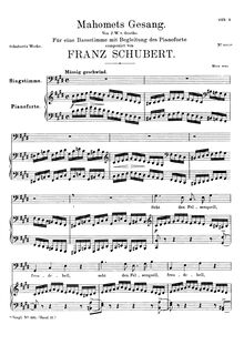 Partition voix + partition de piano, Mahomets Gesang (2nd setting, fragment), D.721