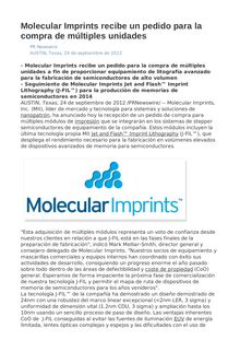 Molecular Imprints recibe un pedido para la compra de múltiples unidades
