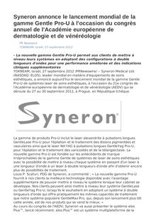 Syneron annonce le lancement mondial de la gamme Gentle Pro-U à l occasion du congrès annuel de l Académie européenne de dermatologie et de vénéréologie