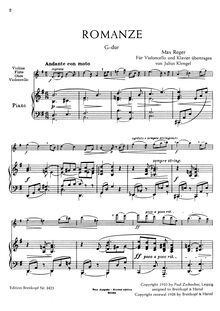 Partition de piano et partition de violoncelle, Romanze pour violon et Piano en g major (1902)