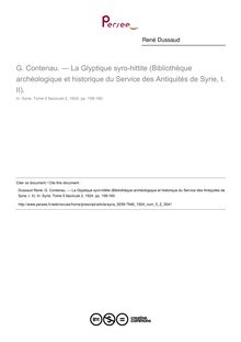 G. Contenau. — La Glyptique syro-hittite (Bibliothèque archéologique et historique du Service des Antiquités de Syrie, t. II).  ; n°2 ; vol.5, pg 158-160