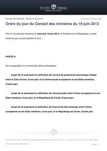 Ordre du jour du Conseil des ministres du 19 juin 2013