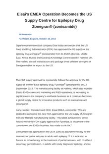 Eisai s EMEA Operation Becomes the US Supply Centre for Epilepsy Drug Zonegran® (zonisamide)