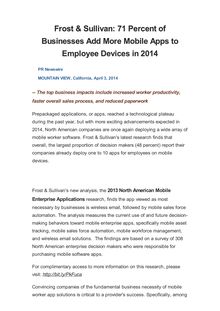 Frost & Sullivan: 71 Percent of Businesses Add More Mobile Apps to Employee Devices in 2014