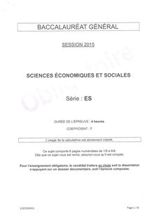 Sujet de l épreuve de Sciences Economiques et Sociales - Bac ES 2015 Pondichéry