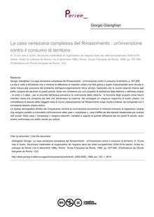 La casa veneziana complessa del Rinascimento : un invenzione contro il consumo di territorio - article ; n°1 ; vol.122, pg 557-590