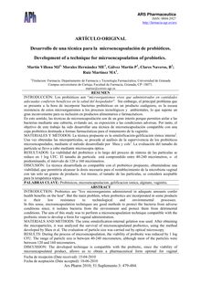 Desarrollo de una técnica para la microencapsulación de probióticos. (Development of a technique for microencapsulation of probiotics.)