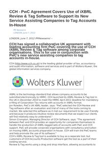 CCH - PwC Agreement Covers Use of iXBRL Review & Tag Software to Support its New Service Assisting Companies to Tag Accounts In-House