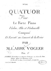 Partition violoncelle, Piano quatuor en E-flat major, 1781, Quatuor pour le piano, violon, alto et violoncelle. Compose et execute au concert de la Reine