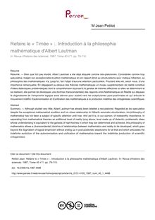 Refaire le « Timée » :. Introduction à la philosophie mathématique d Albert Lautman - article ; n°1 ; vol.40, pg 79-115