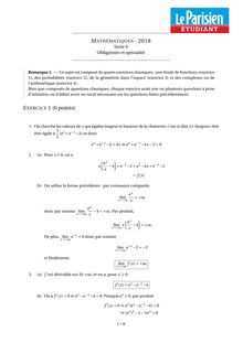 Corrigé du Bac S Maths 2018 (obligatoire et spécialité)