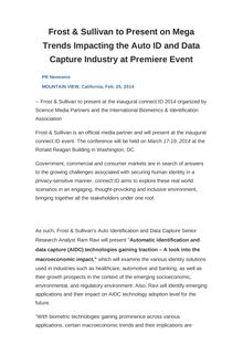 Frost & Sullivan to Present on Mega Trends Impacting the Auto ID and Data Capture Industry at Premiere Event
