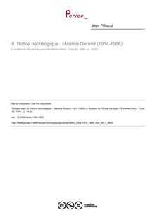 Notice nécrologique : Maurice Durand (1914-1966) - article ; n°1 ; vol.55, pg 19-22