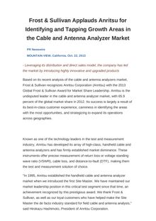 Frost & Sullivan Applauds Anritsu for Identifying and Tapping Growth Areas in the Cable and Antenna Analyzer Market