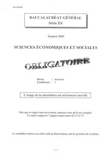 Baccalaureat 2003 sciences economiques et sociales (ses) sciences economiques et sociales