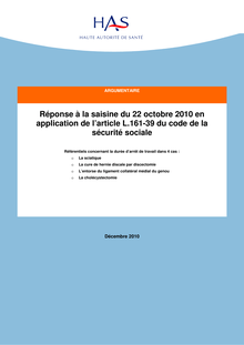 Avis de la HAS sur les référentiels concernant la durée d’arrêt de travail  Saisine du 22 octobre 2010