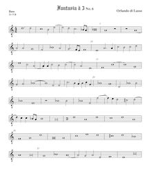 Partition viole de basse, octave aigu clef, fantaisies pour 3 violes de gambe par Orlande de Lassus