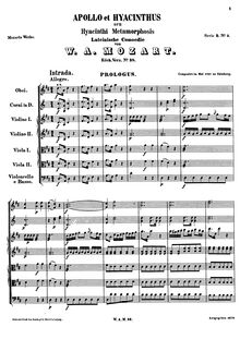 Partition Prologue et Act I, Apollo et Hyacinthus, Mozart, Wolfgang Amadeus