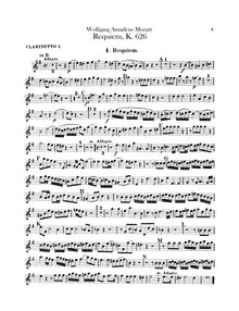 Partition clarinette 1, 2 (B♭, C), Requiem, D minor, Mozart, Wolfgang Amadeus