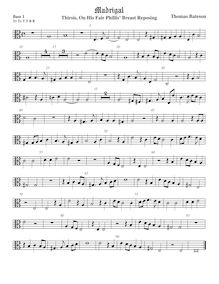 Partition viole de basse 1, alto clef, pour First Set of anglais Madrigales to 3, 4, 5 et 6 voix par Thomas Bateson