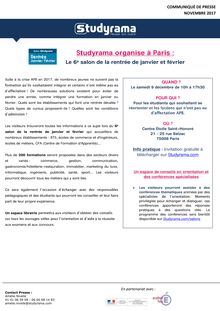 Studyrama organise le 6e salon de la rentrée de janvier et février à Paris le 9 décembre 2017