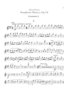 Partition clarinette 1, 2 (en B♭, A), symphonique Dances, Grieg, Edvard