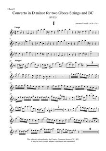 Partition hautbois 1, Concerto pour 2 hautbois en D minor, RV 535