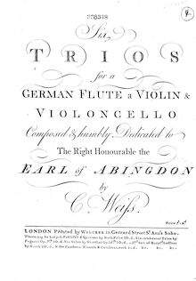 Partition violoncelle, 6 Trios, Six trios, for a German flute, a violin &amp; violoncello