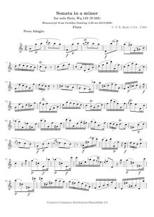 Partition complète, Sonata pour Solo flûte, A minor, Bach, Carl Philipp Emanuel