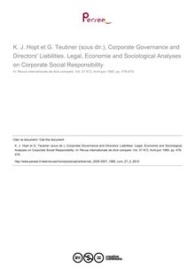 K. J. Hopt et G. Teubner (sous dir.), Corporate Governance and Directors  Liabilities. Legal, Economie and Sociological Analyses on Corporate Social Responsibility - note biblio ; n°2 ; vol.37, pg 478-479