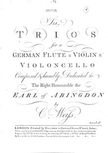 Partition violon, 6 Trios, Six trios, for a German flute, a violin & violoncello