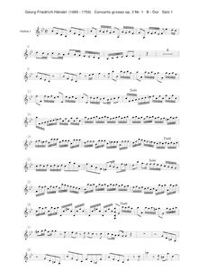 Partition violons I, Concerto Grosso en B-flat major, 2 Recorders, 2 Oboes, 2 Bassoons + 2 Violins, 2 Violas + Continuo (Cellos, Keyboard)I. Allegro: Oboe 1 / 2, Violins I, II, Violas I, II, Continuo (Cellos, Basses, Bassoon 1 / 2)II. Largo: Recorder 1, 2, Oboe 1, Bassoon 1 / 2, Violins I, II, Violas I, II, Continuo (Cellos, Basses, Keyboard)III. Vivace: Oboe 1, 2, Bassoon 1 / 2, Violins I, II, Violas I, II, Continuo (Cellos, Basses, Keyboard)