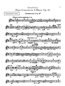 Partition clarinette 1, 2 (A, transposed en B♭), Piano Concerto en A minor, Op.16