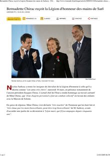Bernadette Chirac recoit la legion d honneur des mains de Sarkozy