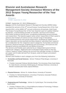 Elsevier and Australasian Research Management Society Announce Winners of the 2012 Scopus Young Researcher of the Year Awards